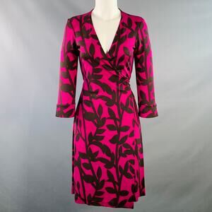 DIANE VON FURSTENBERG Size M Brown Magenta Silk Abstract Floral Wrap Dress
